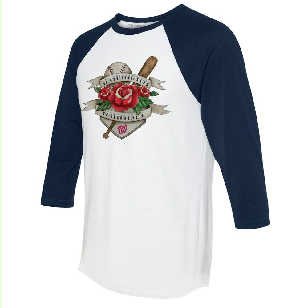 Washington Nationals Tiny Turnip Unisex Tattoo Rose 3/4-Sleeve Raglan T-Shirt | MLB On Sale