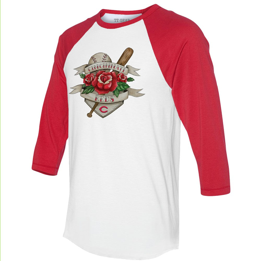 Cincinnati Reds Tiny Turnip Unisex Tattoo Rose 3/4-Sleeve Raglan T-Shirt | MLB Outlet