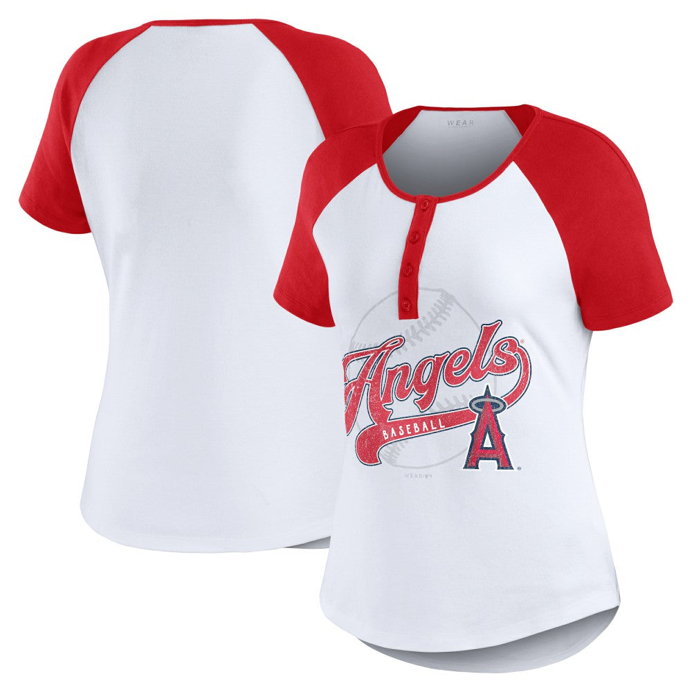 Los Angeles Angels WEAR by Erin Andrews Women's Fitted Henley Raglan T-Shirt | MLB Sale