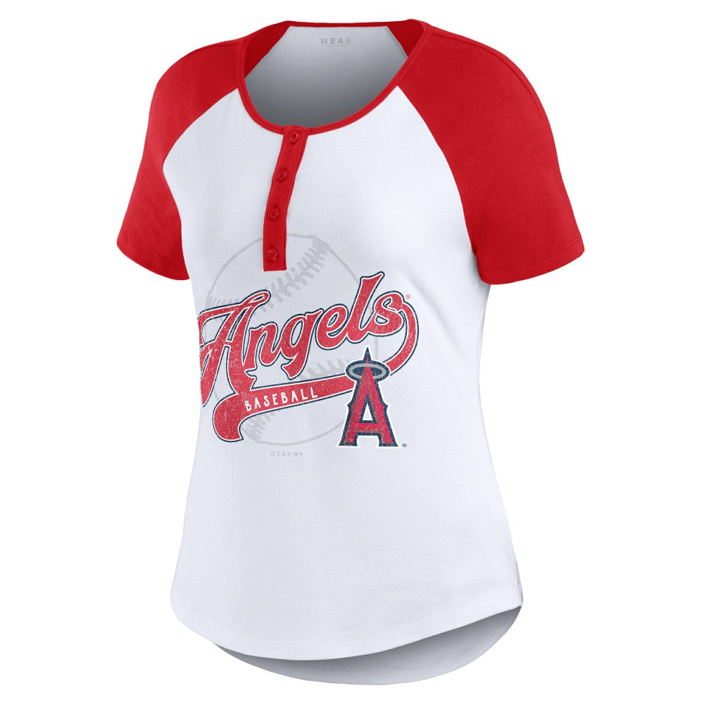Los Angeles Angels WEAR by Erin Andrews Women's Fitted Henley Raglan T-Shirt | MLB Sale