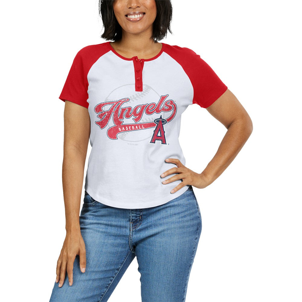 Los Angeles Angels WEAR by Erin Andrews Women's Fitted Henley Raglan T-Shirt | MLB Sale