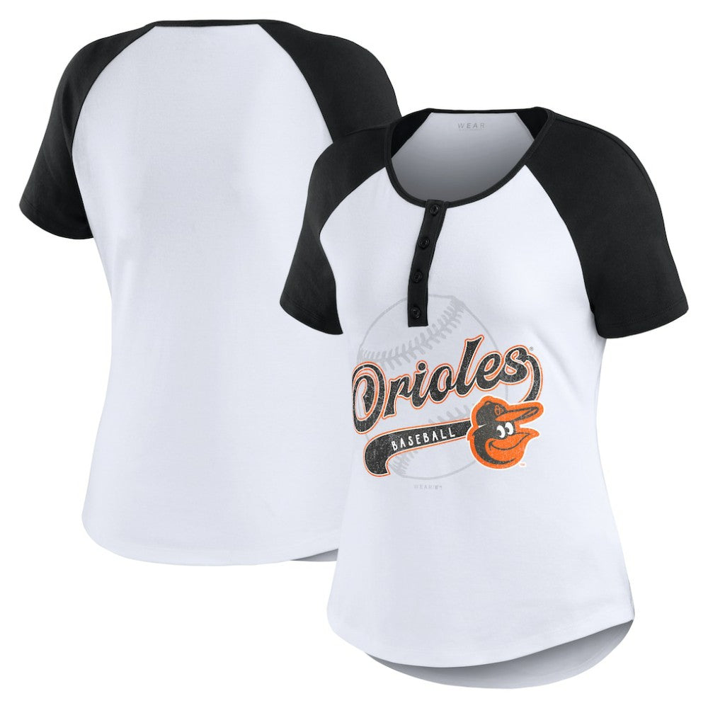 Baltimore Orioles WEAR by Erin Andrews Women's Fitted Henley Raglan T-Shirt | MLB For sale