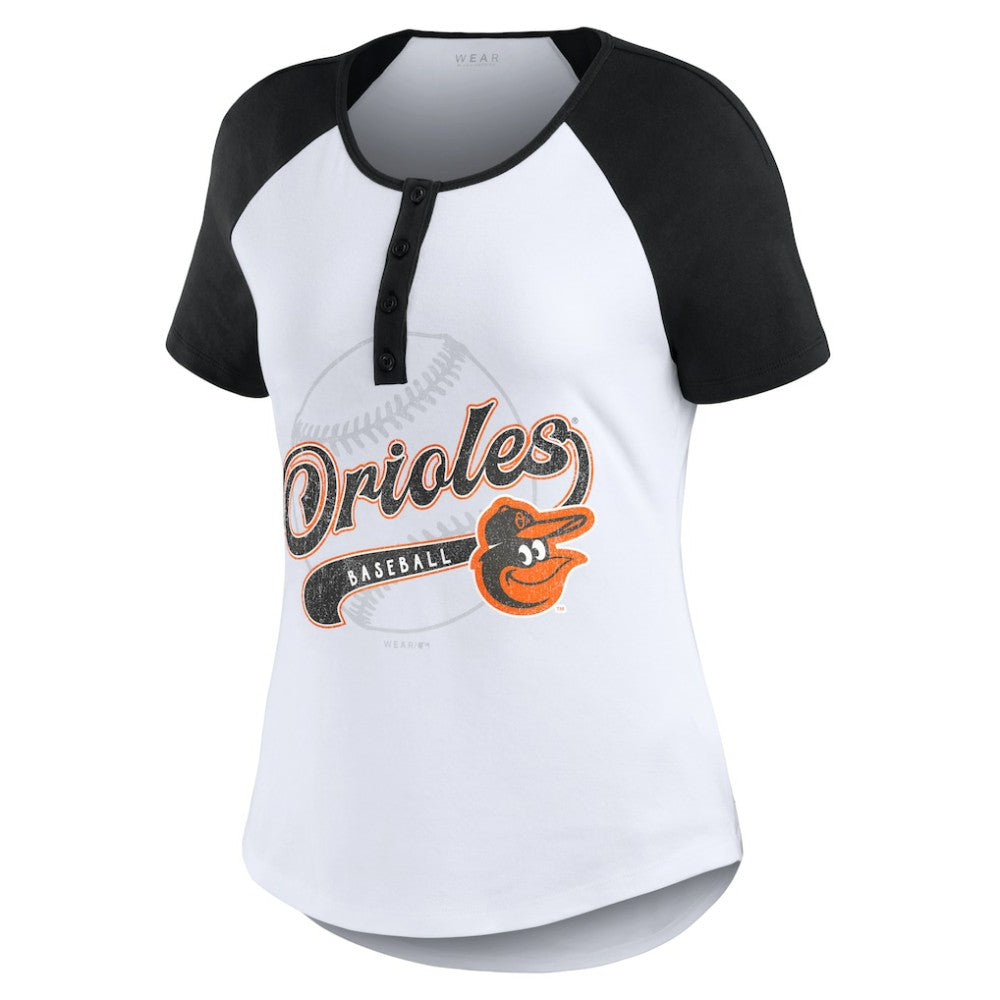 Baltimore Orioles WEAR by Erin Andrews Women's Fitted Henley Raglan T-Shirt | MLB For sale