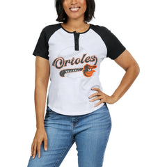 Baltimore Orioles WEAR by Erin Andrews Women's Fitted Henley Raglan T-Shirt | MLB For sale