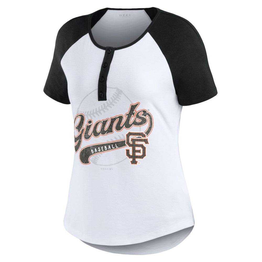 San Francisco Giants WEAR by Erin Andrews Women's Fitted Henley Raglan T-Shirt | MLB On Sale