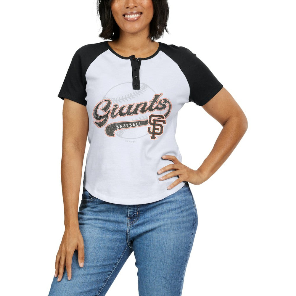 San Francisco Giants WEAR by Erin Andrews Women's Fitted Henley Raglan T-Shirt | MLB On Sale