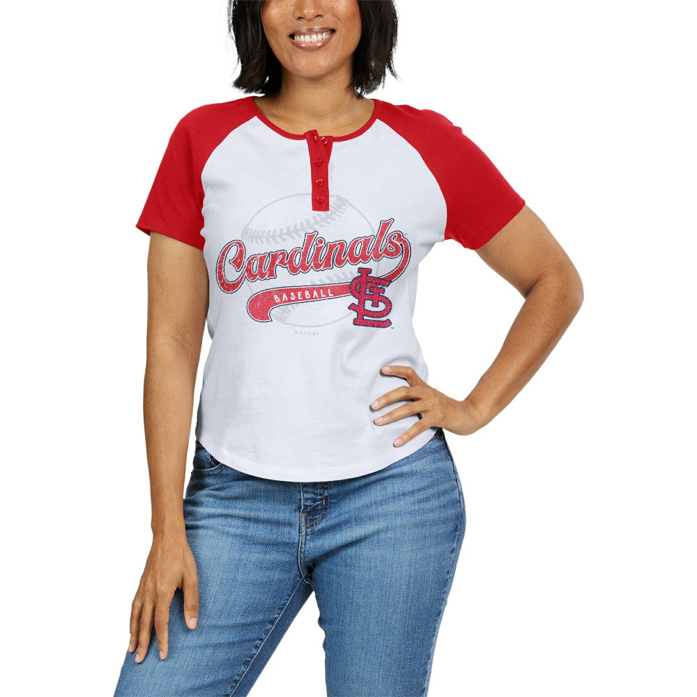 St. Louis Cardinals WEAR by Erin Andrews Women's Fitted Henley Raglan T-Shirt | MLB Online