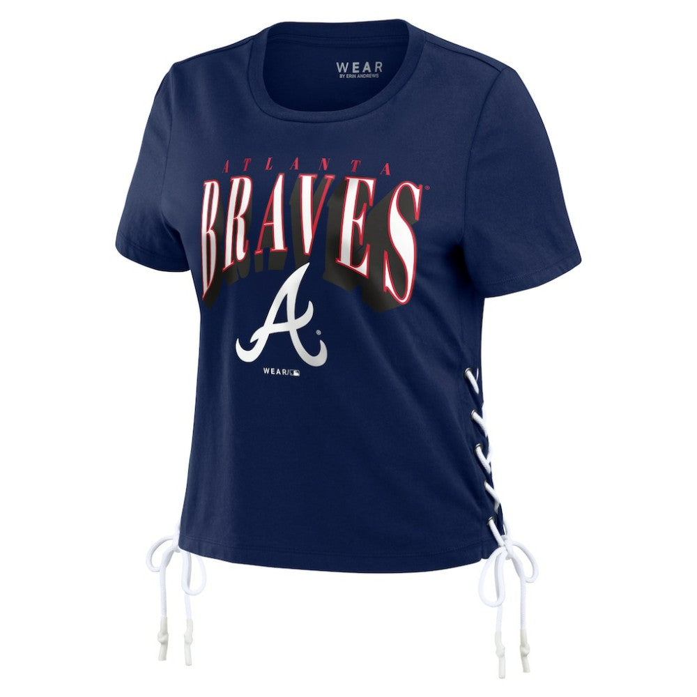 Atlanta Braves WEAR by Erin Andrews Women's Side Lace-Up Cropped T-Shirt | MLB On Sale