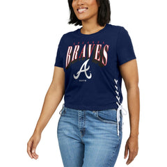 Atlanta Braves WEAR by Erin Andrews Women's Side Lace-Up Cropped T-Shirt | MLB On Sale