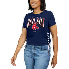 Boston Red Sox WEAR by Erin Andrews Women's Side Lace-Up Cropped T-Shirt | MLB On Sale