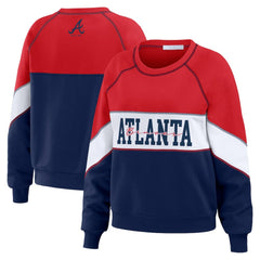 Atlanta Braves WEAR by Erin Andrews Women's Color Block Crew Neck Pullover Sweatshirt | MLB US