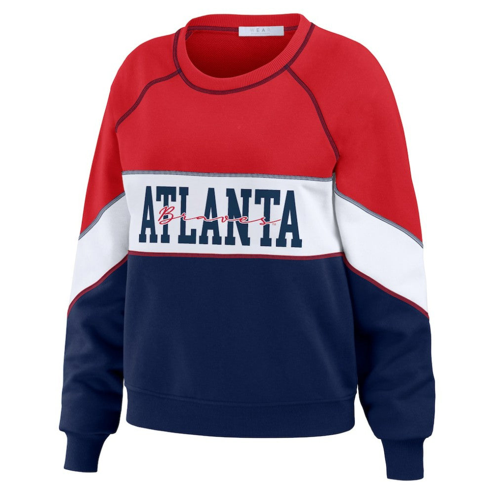 Atlanta Braves WEAR by Erin Andrews Women's Color Block Crew Neck Pullover Sweatshirt | MLB US