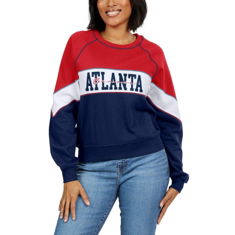 Atlanta Braves WEAR by Erin Andrews Women's Color Block Crew Neck Pullover Sweatshirt | MLB US
