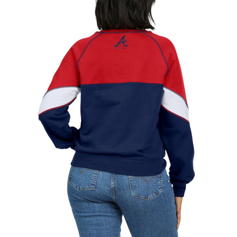 Atlanta Braves WEAR by Erin Andrews Women's Color Block Crew Neck Pullover Sweatshirt | MLB US