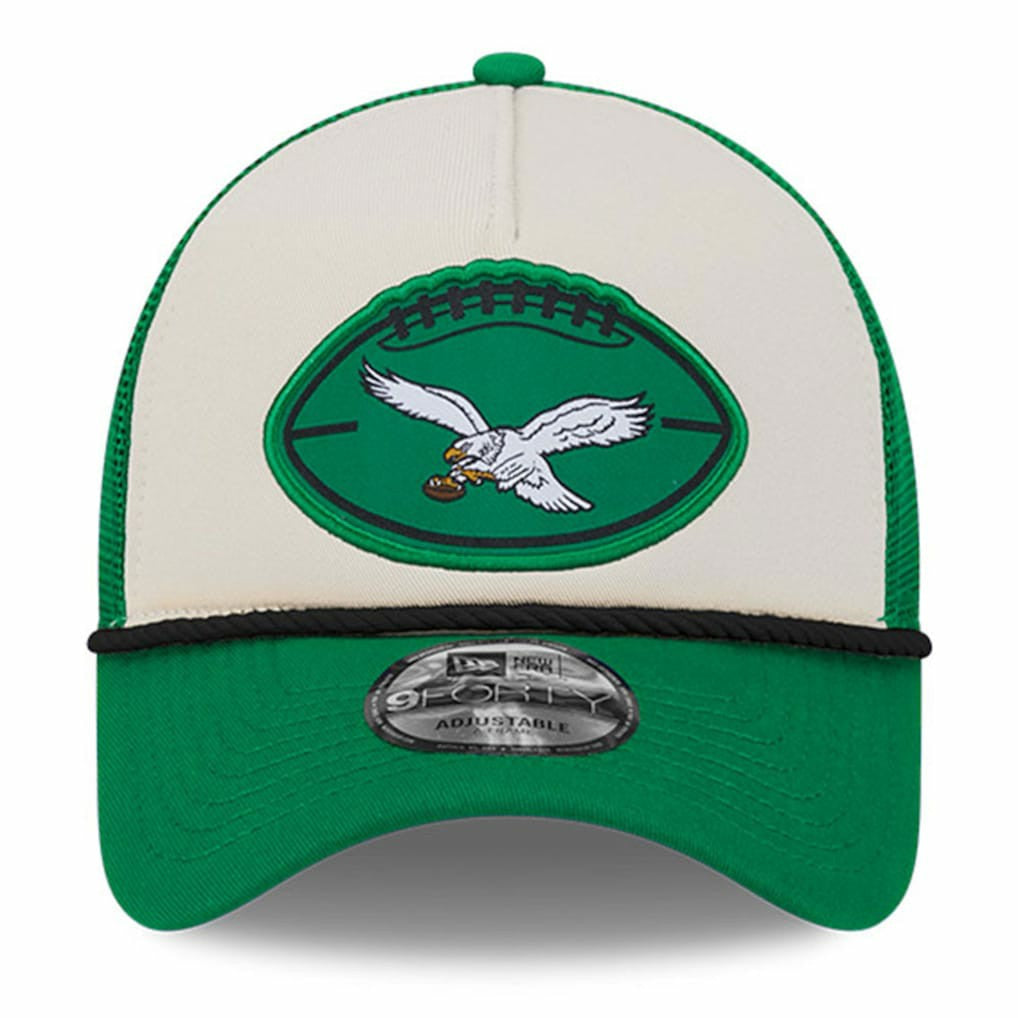 Philadelphia Eagles New Era 2024 Sideline Historic 9FORTY A-Frame Trucker Adjustable Hat