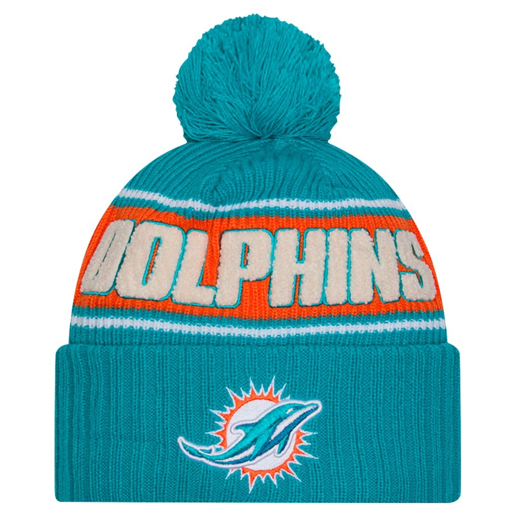 Miami Dolphins New Era 2024 Sideline Cuffed Knit Hat with Pom