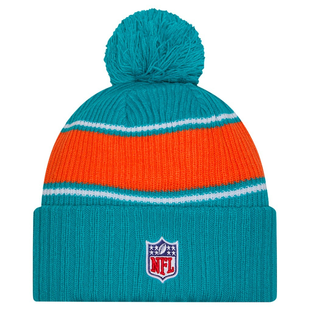 Miami Dolphins New Era 2024 Sideline Cuffed Knit Hat with Pom