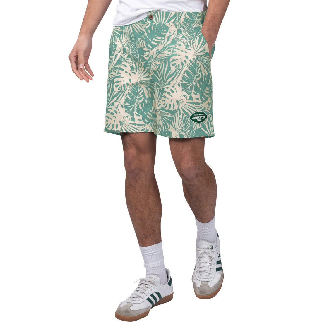 New York Jets New Era Margaritaville Sandwashed Monstera Print Amphib Shorts