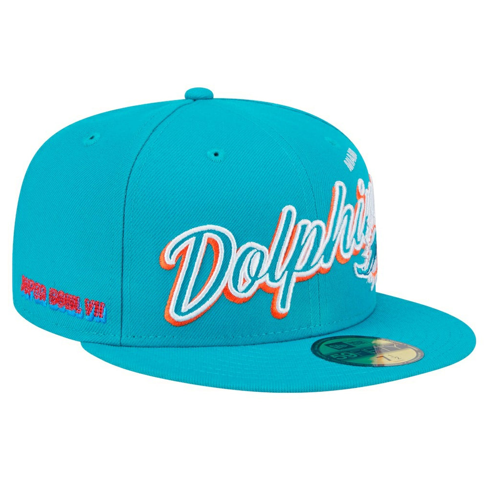 Miami Dolphins New Era Script Sided 59FIFTY Fitted Hat