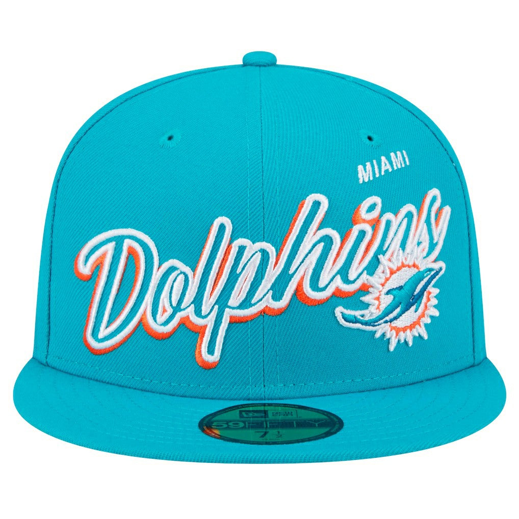 Miami Dolphins New Era Script Sided 59FIFTY Fitted Hat