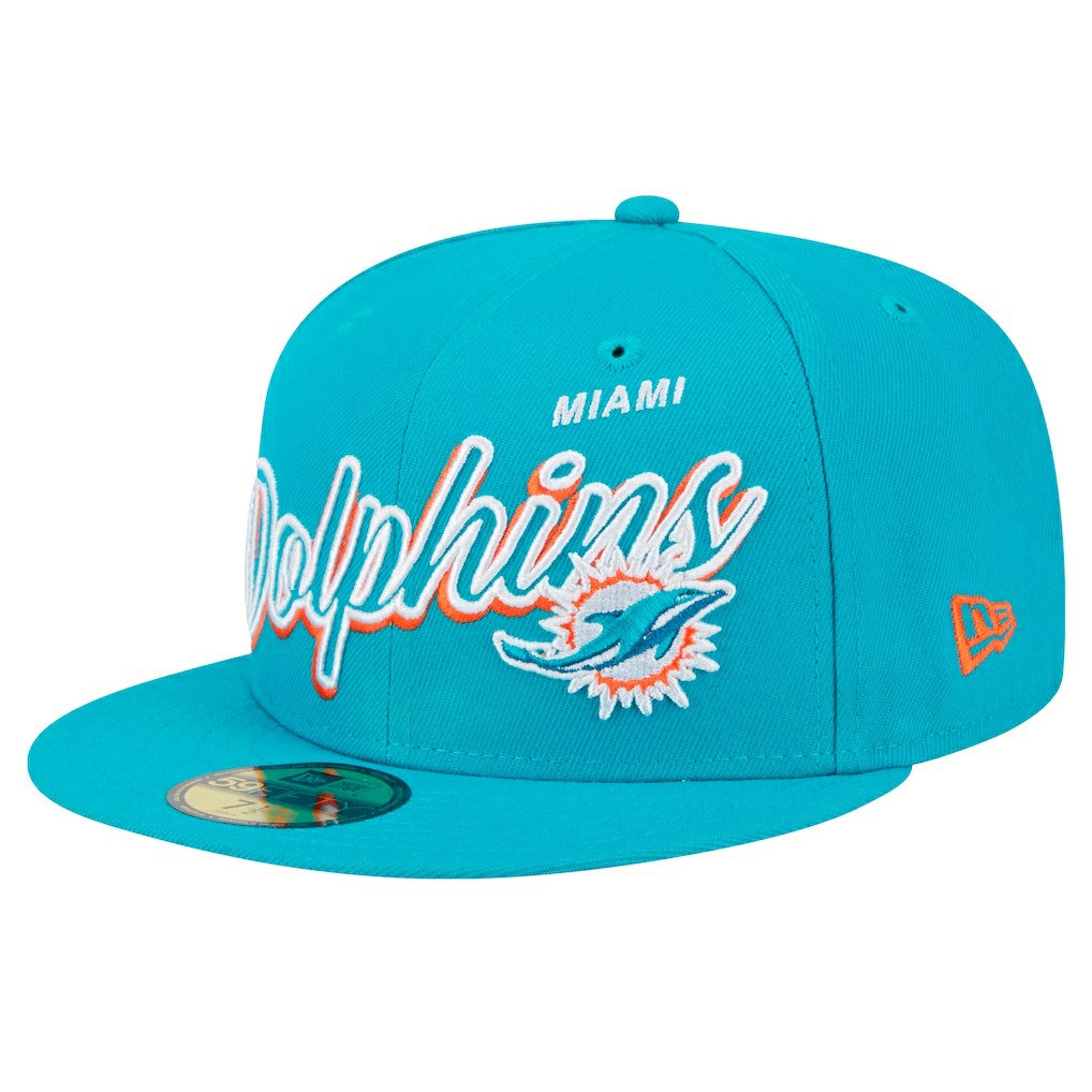 Miami Dolphins New Era Script Sided 59FIFTY Fitted Hat