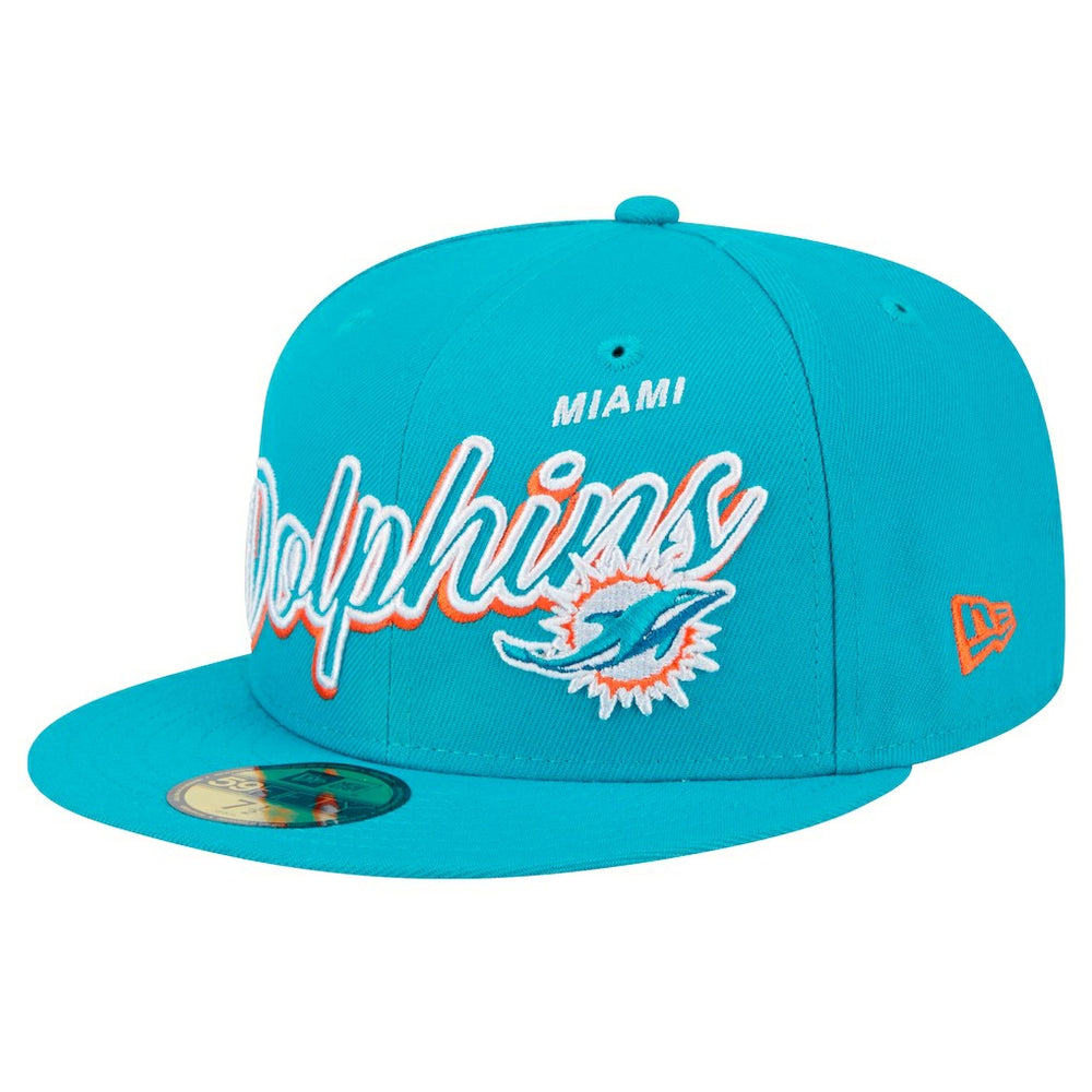 Miami Dolphins New Era Script Sided 59FIFTY Fitted Hat