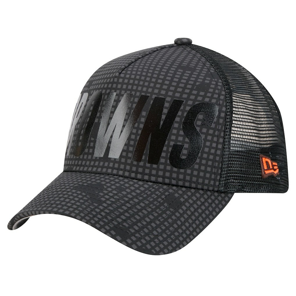 Cleveland Browns New Era Throwback Midnight Ink Tonal Text A-Frame Trucker 9FORTY Adjustable Hat