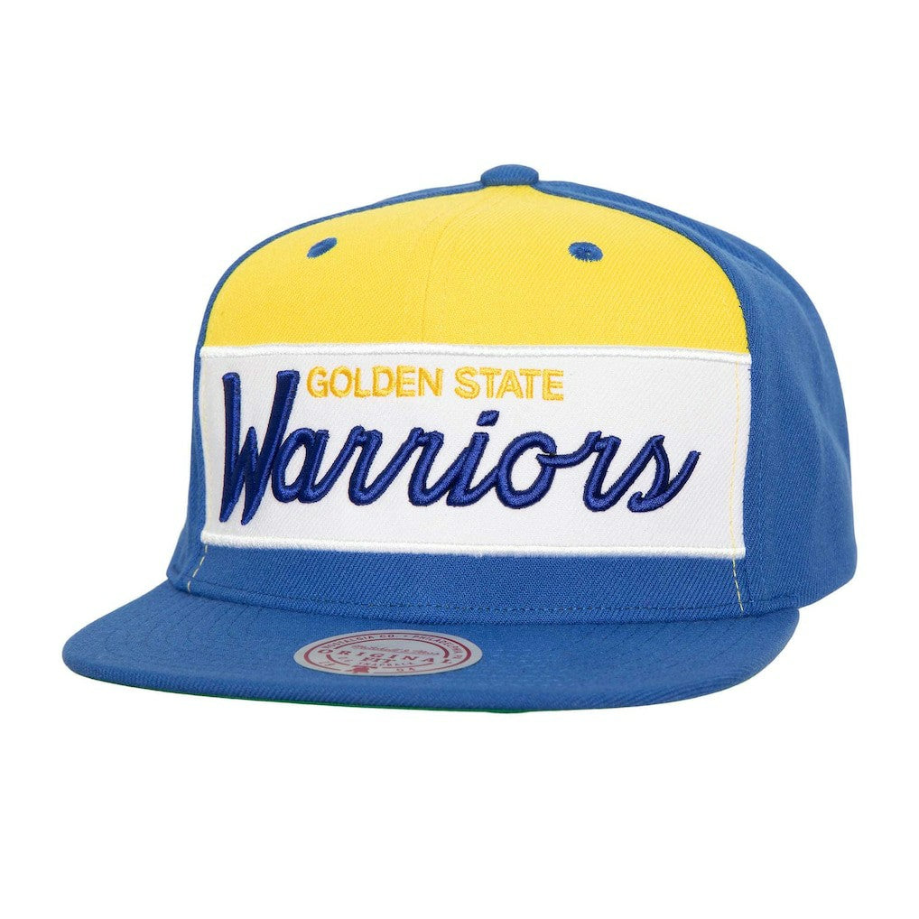 Golden State Warriors Retro Sport Color Block Script Snapback Hat sale On Sale