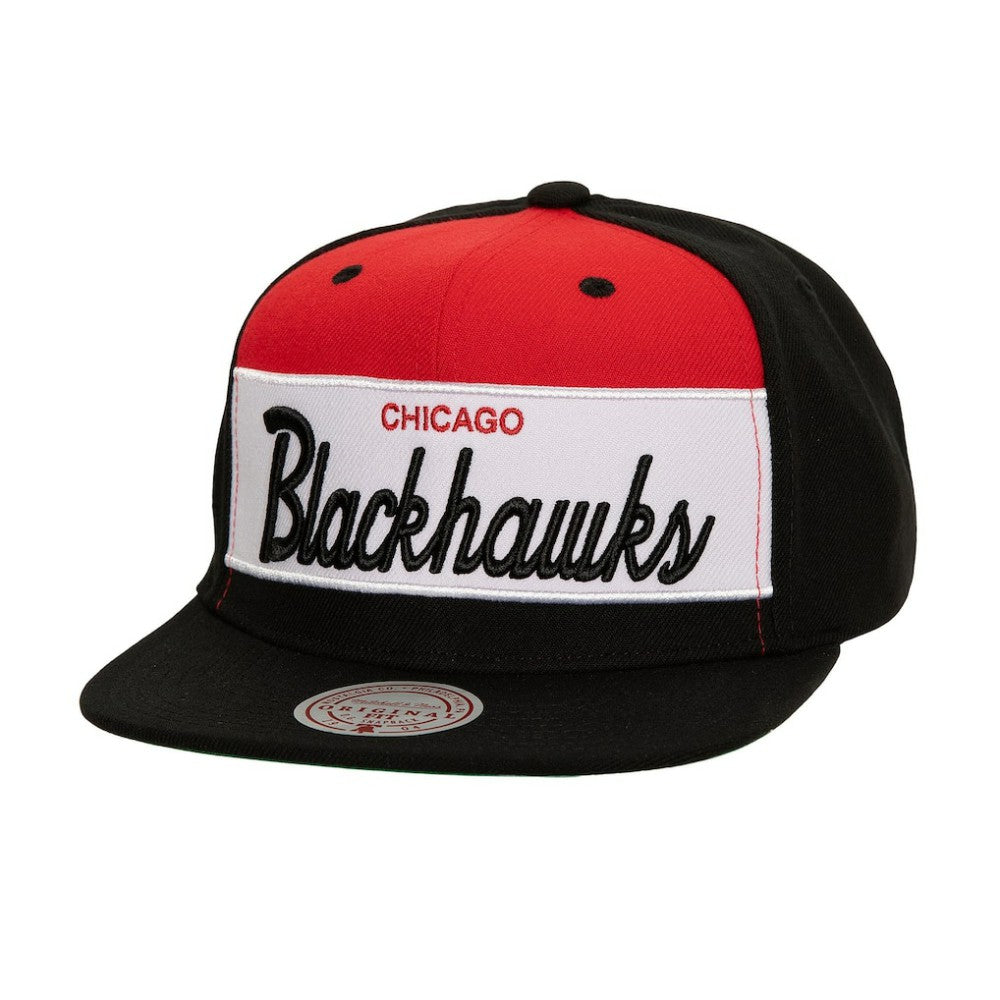 Chicago Blackhawks Mitchell & Ness Retro Script Colorblock Snapback Hat Sale
