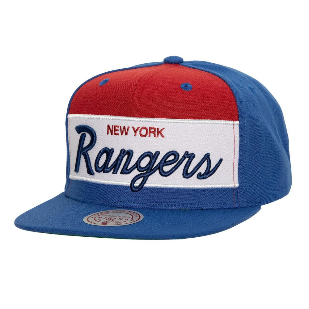 New York Rangers Mitchell & Ness Retro Script Colorblock Snapback Hat Sale
