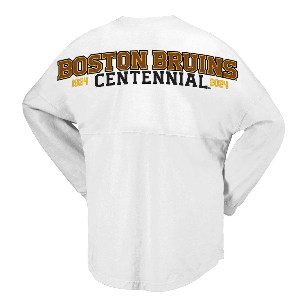 Boston Bruins Fanatics Women's 100th Anniversary Spirit Jersey T-Shirt Outlet