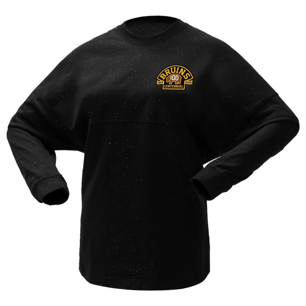 Boston Bruins Fanatics Women's 100th Anniversary Sparkle Spirit Jersey T-Shirt On Sale