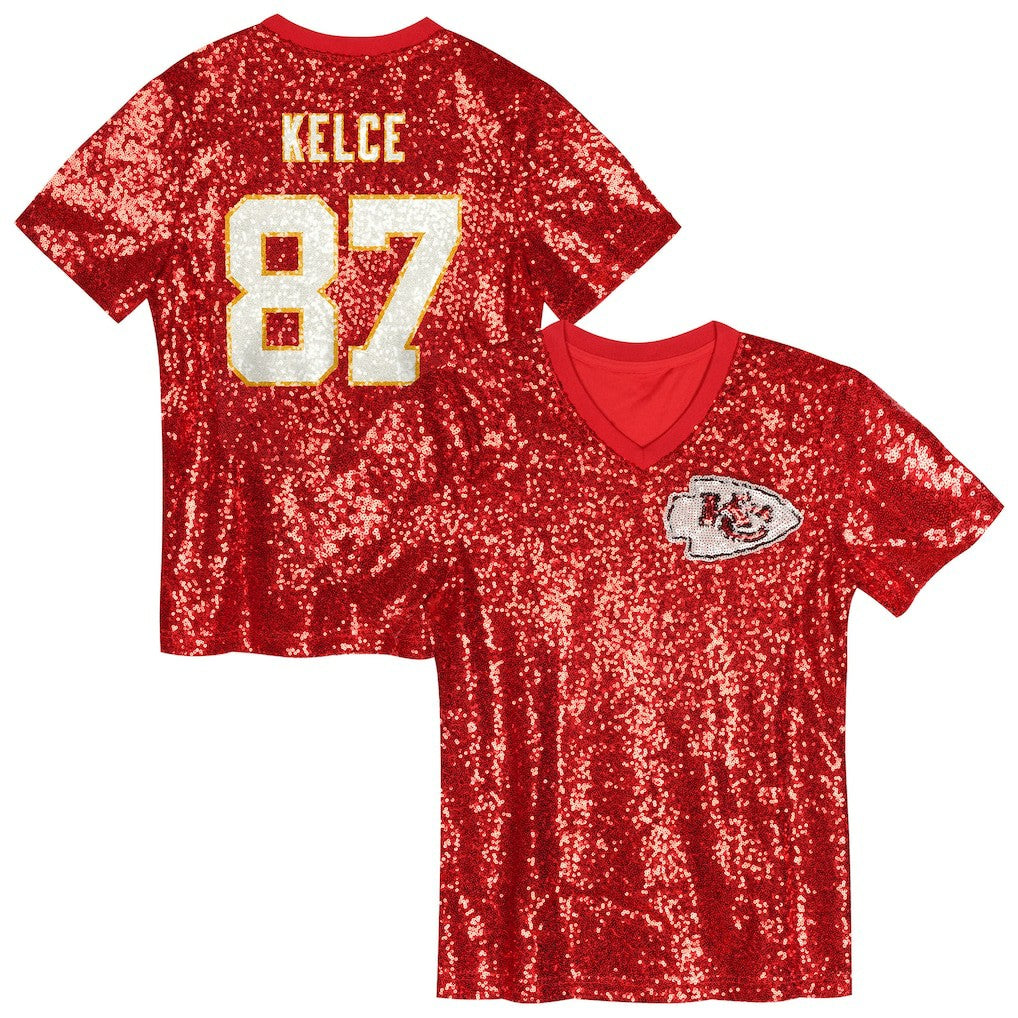 Kansas City Chiefs  Travis Kelce  Girls Youth Sequin V-Neck Fashion Jersey