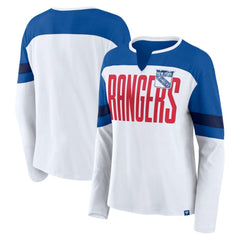 New York Rangers Fanatics Women's Frozen Long Sleeve Notch Neck T-Shirt For Sale