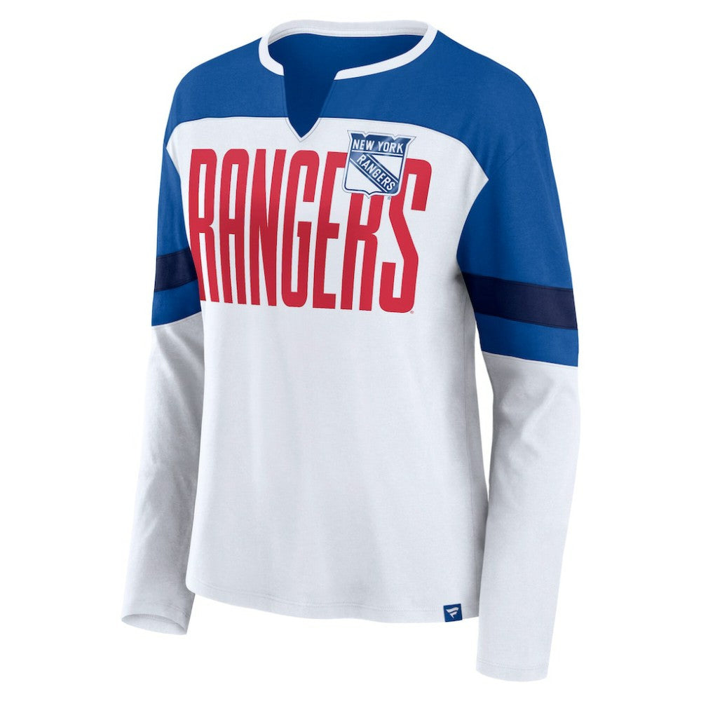 New York Rangers Fanatics Women's Frozen Long Sleeve Notch Neck T-Shirt For Sale