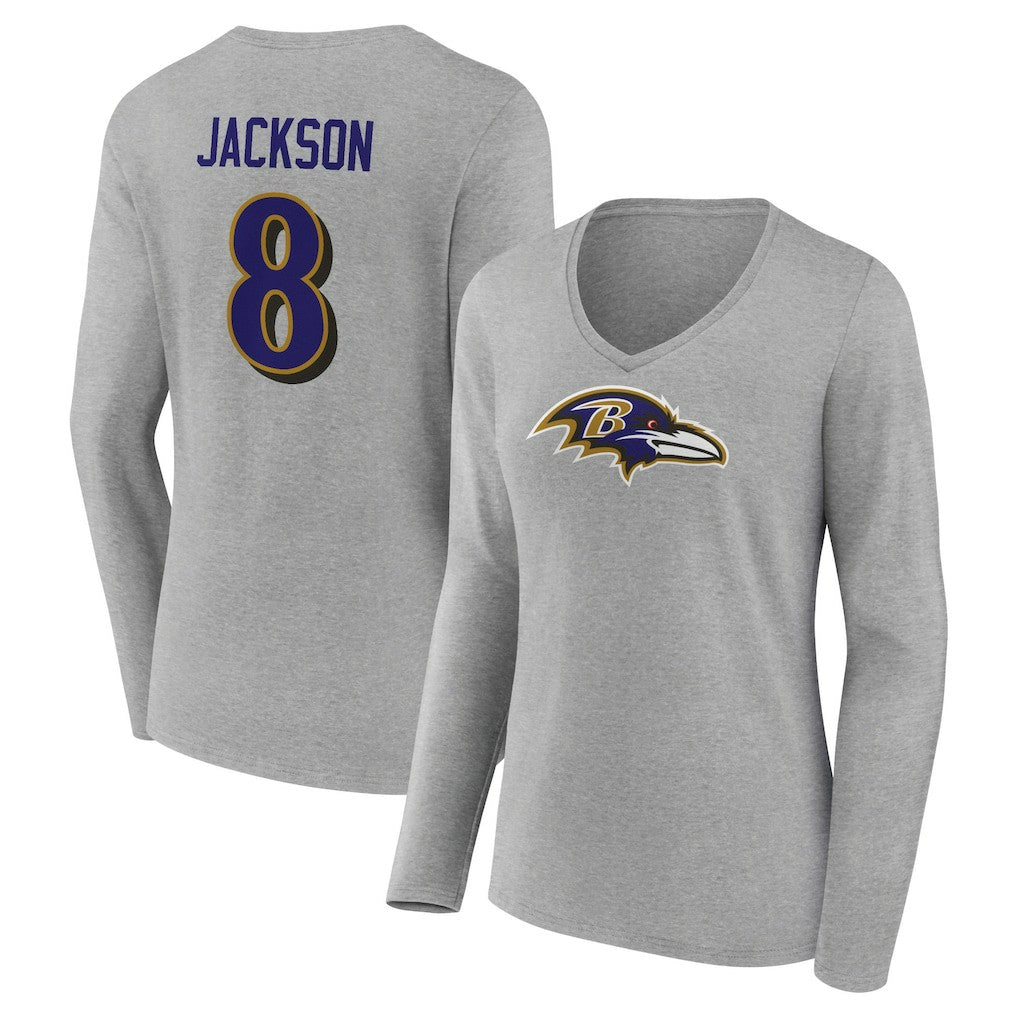 Baltimore Ravens  Lamar Jackson  Women's Icon Player Name & Number Long Sleeve V-Neck T-Shirt
