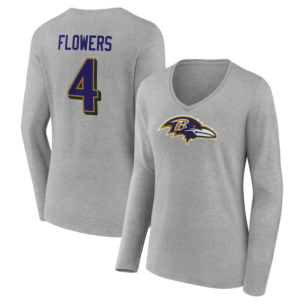 Baltimore Ravens  Zay Flowers  Women's Icon Player Name & Number Long Sleeve V-Neck T-Shirt