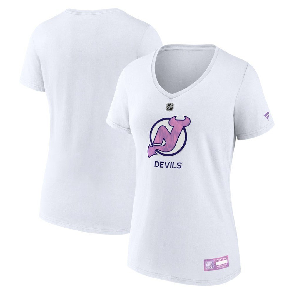 New Jersey Devils Fanatics Women's 2024 Hockey Fights Cancer V-Neck T-Shirt Sale