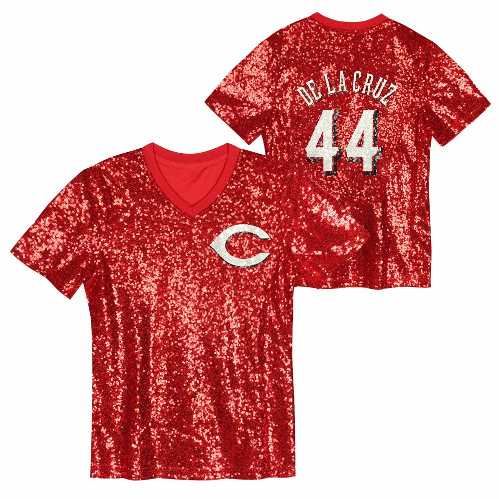 Elly De La Cruz Cincinnati Reds Juniors Name & Number Sequin V-Neck Top | MLB On Sale