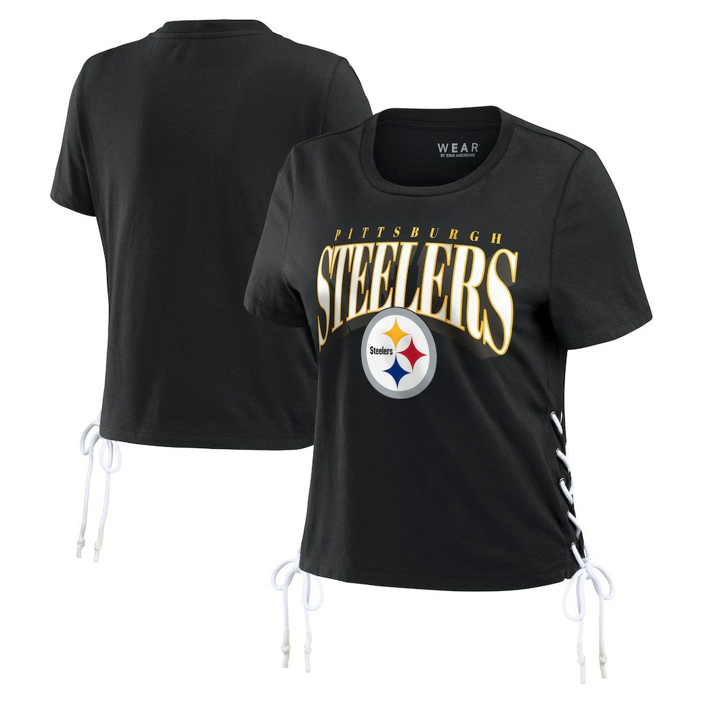 Pittsburgh Steelers  WEAR by Erin Andrews Women's Lace Up Side Modest Cropped T-Shirt