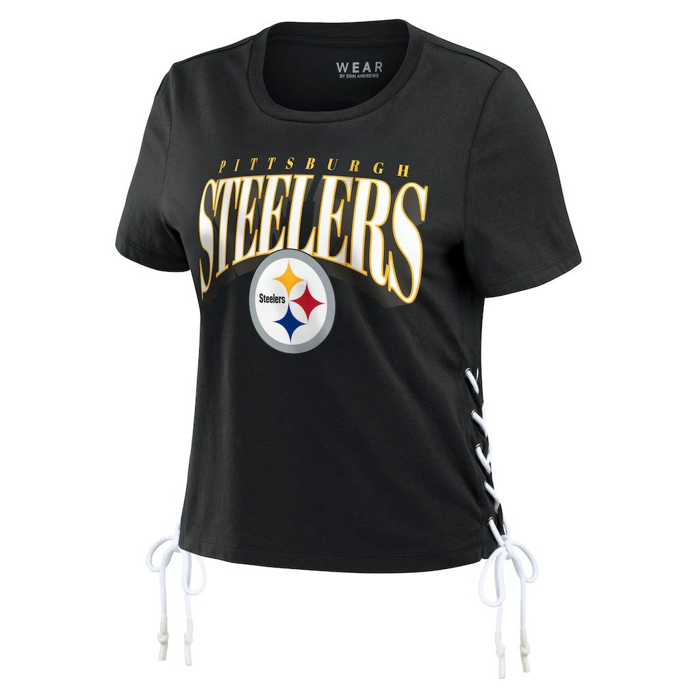 Pittsburgh Steelers  WEAR by Erin Andrews Women's Lace Up Side Modest Cropped T-Shirt