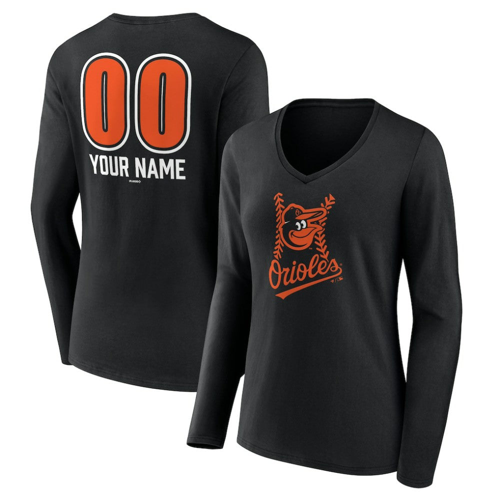Baltimore Orioles Women's Personalized Name & Number Fastball Long Sleeve V-Neck T-Shirt | MLB Discount