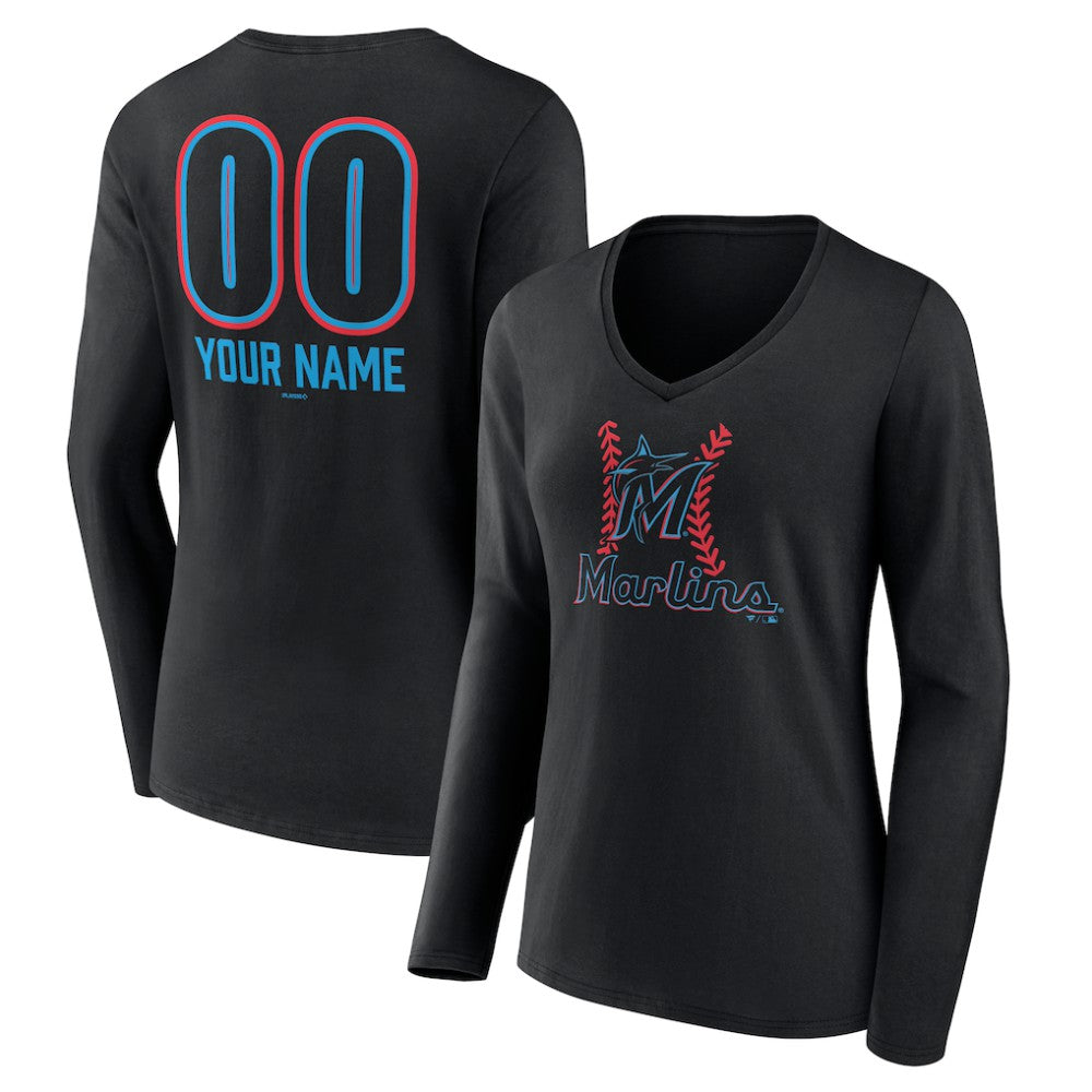 Miami Marlins Women's Personalized Name & Number Fastball Long Sleeve V-Neck T-Shirt | MLB Online