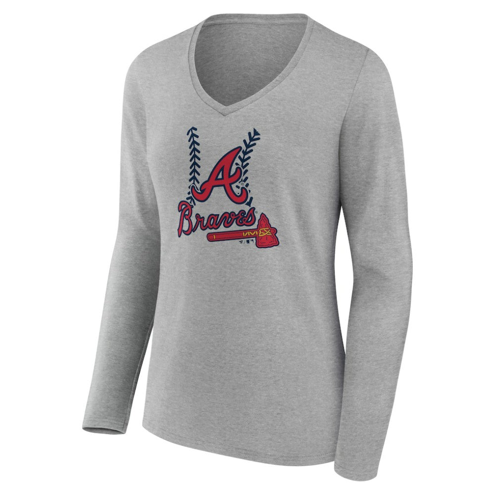 Atlanta Braves Women's Personalized Name & Number Fastball Long Sleeve V-Neck T-Shirt | MLB Sale