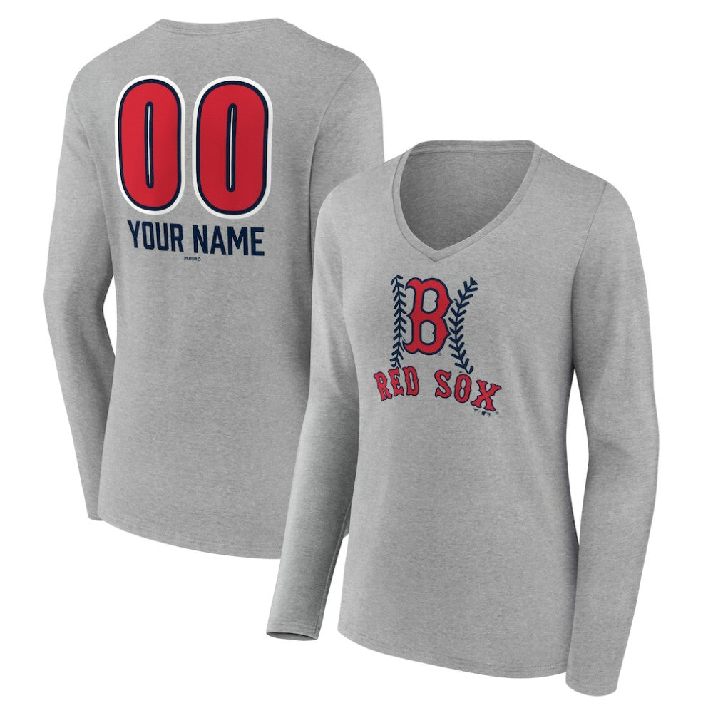 Boston Red Sox Women's Personalized Name & Number Fastball Long Sleeve V-Neck T-Shirt | MLB Shop
