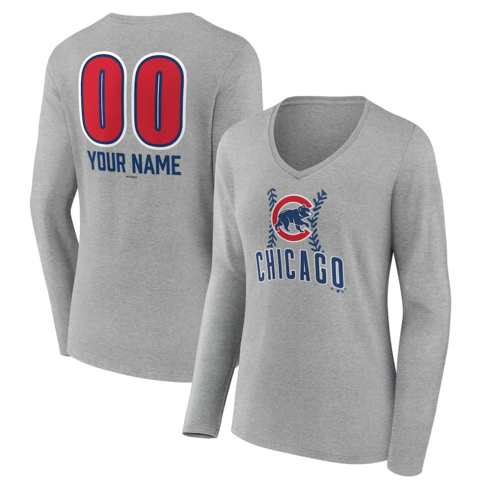 Chicago Cubs Women's Personalized Name & Number Fastball Long Sleeve V-Neck T-Shirt | MLB On Sale
