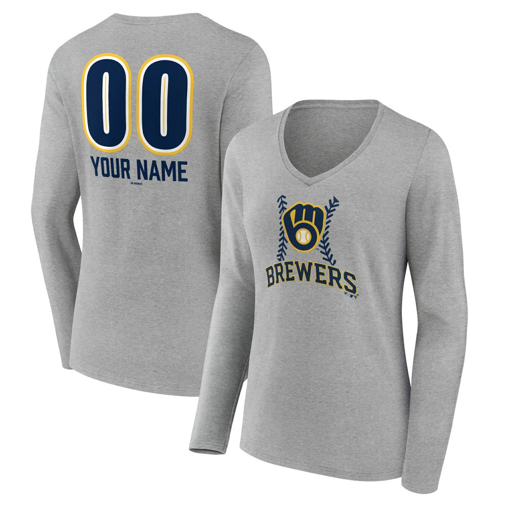 Milwaukee Brewers Women's Personalized Name & Number Fastball Long Sleeve V-Neck T-Shirt | MLB Near me