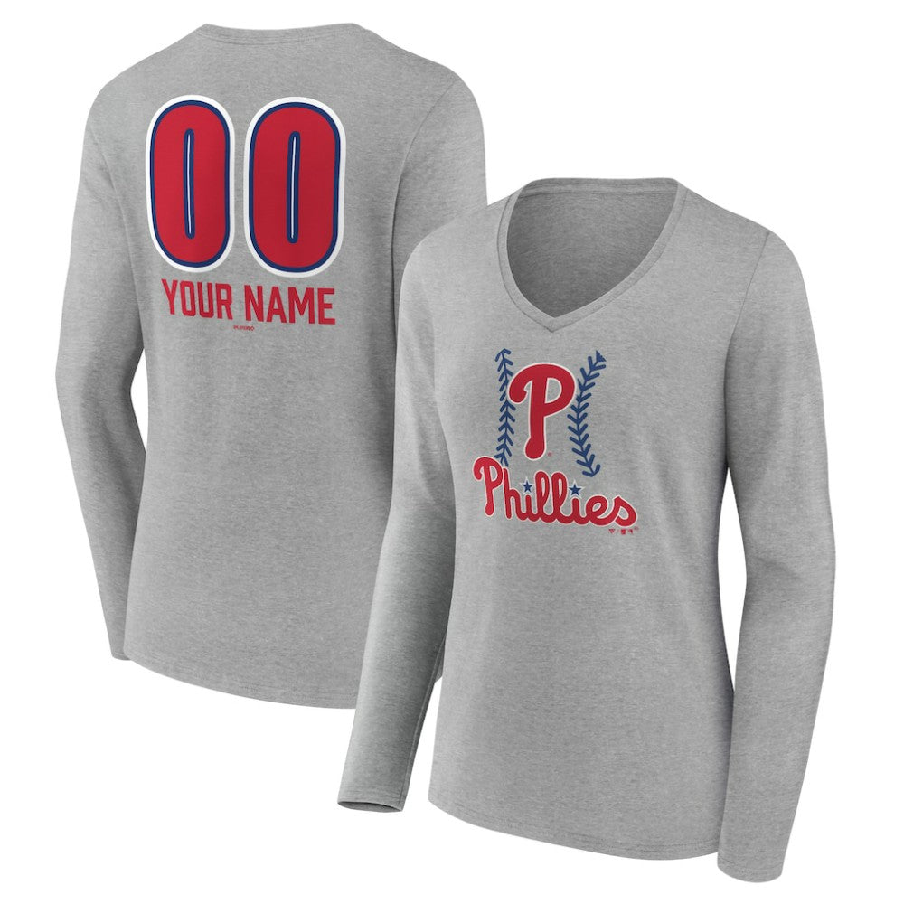Philadelphia Phillies Women's Personalized Name & Number Fastball Long Sleeve V-Neck T-Shirt | MLB Sale
