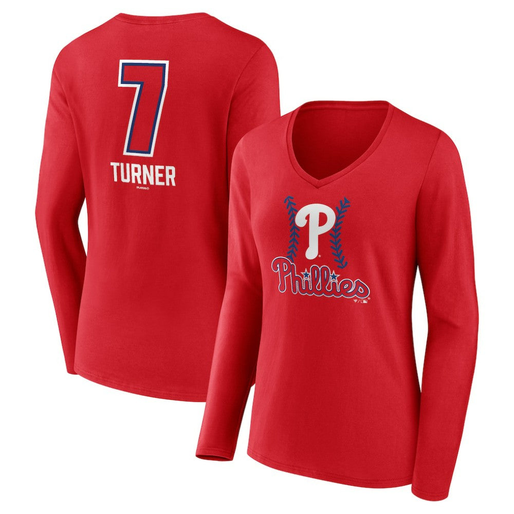 Trea Turner Philadelphia Phillies Women's Fastball Player Name & Number Long Sleeve V-Neck T-Shirt | MLB Near me