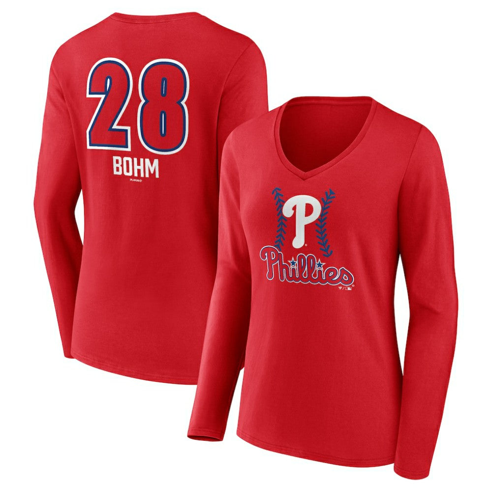 Alec Bohm Philadelphia Phillies Women's Fastball Player Name & Number Long Sleeve V-Neck T-Shirt | MLB On Sale